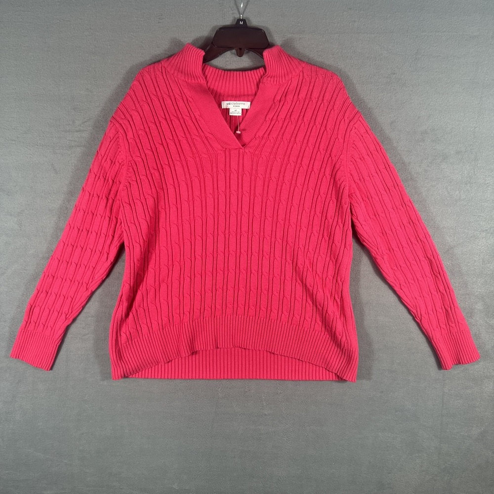 Liz Claiborne Woman 1X Fuchsia Pink 100% Cotton Cable Knit V-Neck Pullover